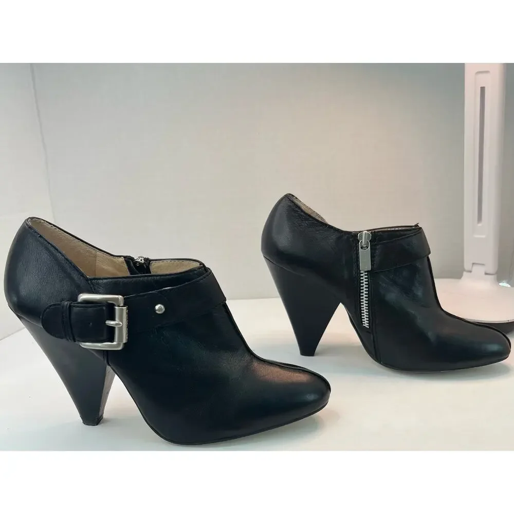 MICHAEL KORS WOMEN'S BLACK LEATHER SIDE‎ ZIP CONE HEEL ANKLE BOOTIES SIZE 7.5
